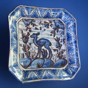 Portuguese Hand Painted Deer Talavera Style Blue And White Alcobaca Pottery Dish
